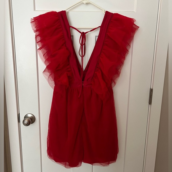 Plunging Neck Ruffle Trim Mesh Overlay Dress NWT - Picture 6 of 7
